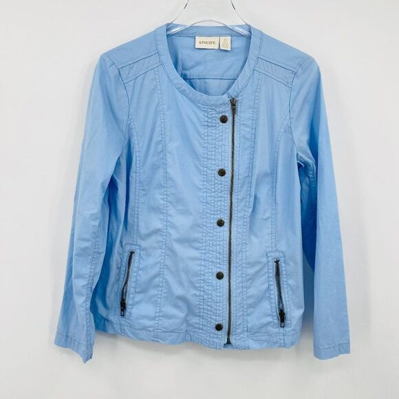 Chico's Size 0 Small Blue Long Sleeve Zip Up Lightweight Utility Jacket Casual - Picture 1 of 9